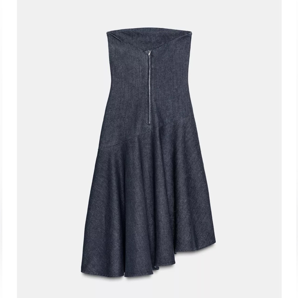 Zara NWT dark denim blue asymmetric hem strapless tube midi dress - Picture 10 of 13